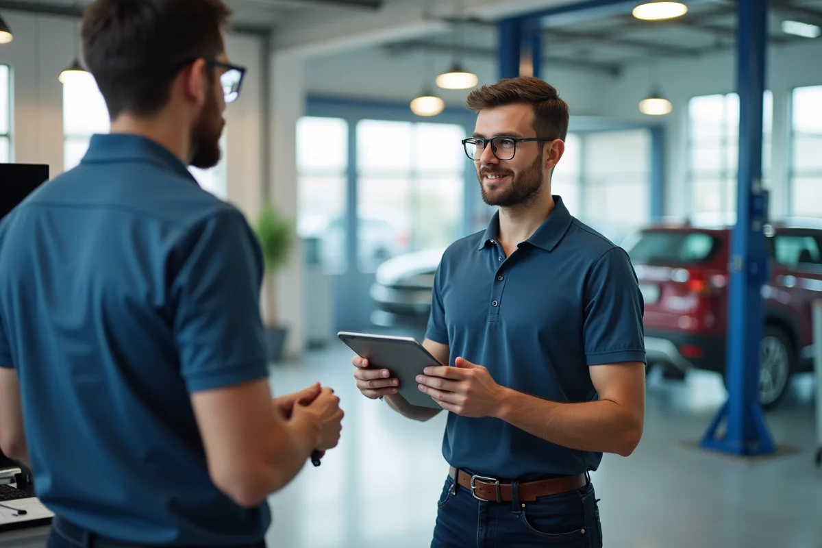 Doradca serwisowy ASKAR-Service w rozmowie z klientem przy pojeździe